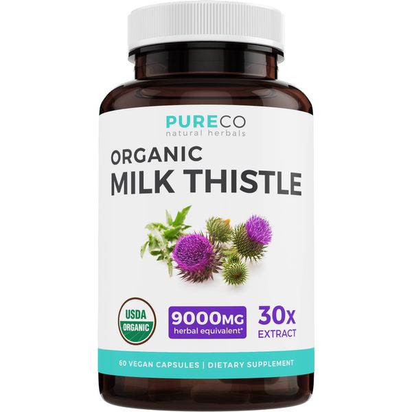 USDA Organic Milk Thistle Capsules - 80% Silymarin Supplement for Liver Support- Super Concentrated 300mg of 30:1 Milk Thistle Extract Equivalent to 9,000mg - Milk Thistle Liver Detox 60 Day Supply