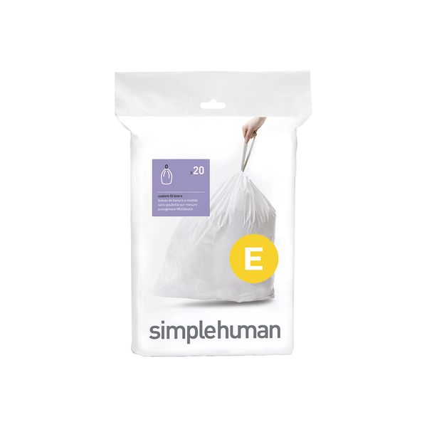 simplehuman Code E Custom Fit Drawstring Trash Bags in Dispenser Packs, 20 Count, 20 Liter / 5.3 Gallon, White