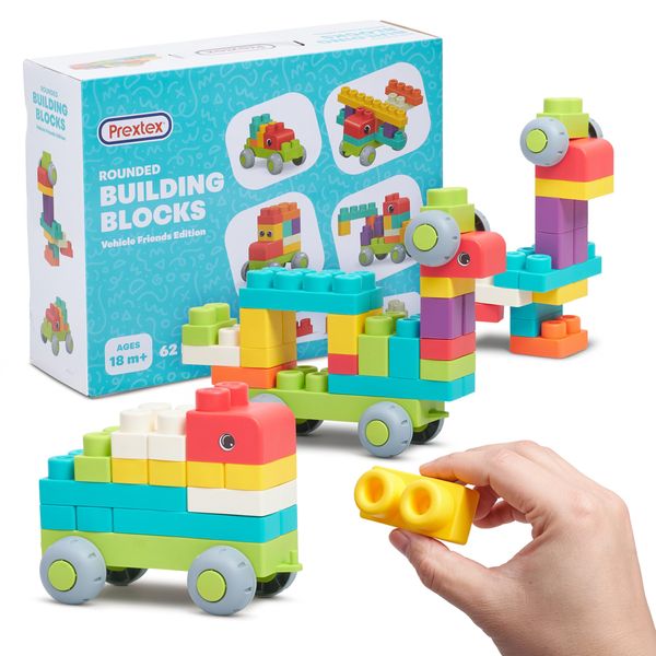 PREXTEX Soft Building Blocks for Toddlers 18 Months and up- 62-Piece Rounded Multicolored Bricks - Educational Toy - Vehicle Friends Edition for Interactive Family Fun and Creative Play