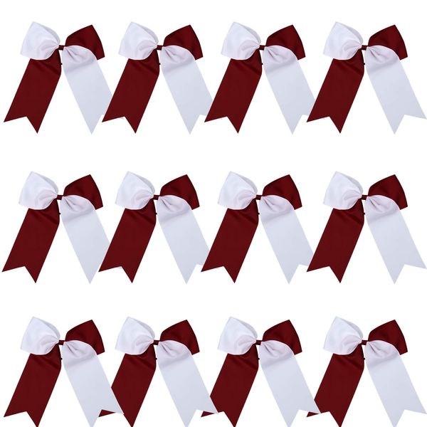 8 Inch 2 Colors Jumbo Cheerleader Bows Ponytail Holder Cheerleading Bows Hair 12 Pcs (Maroon/White)