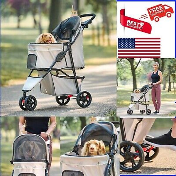 Khaki Pet Stroller with 360-Degree Swivel & Safety Features for Comfy Rides