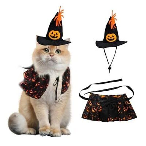 Halloween Cat Costume Funny Pumpkin Party Pet Costume Set, Cat Witch Black L