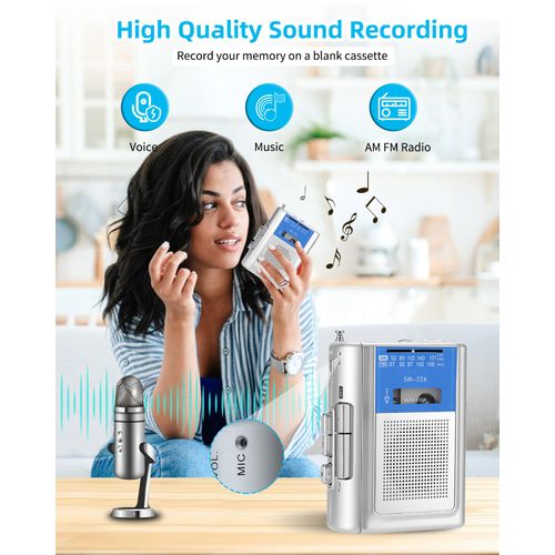 SEMIER Small Cassette Player Recorder, Portable AM FM Vintage Tape Cassette Player with Big Speaker and Headphones, Built-in Microphone, Powered by DC or AA Battery for Walking