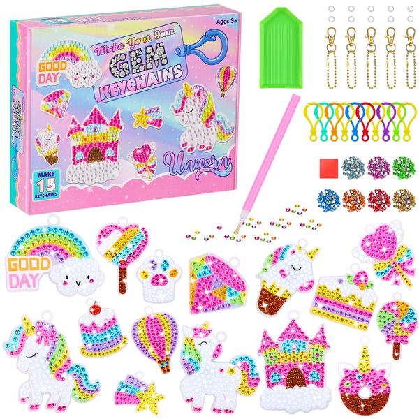 Hovetne Unicorn Diamond Painting Kits, 5D DIY Diamond Art Kits Childrens Diamond Art Keyring Kits, 15 Decorative Gem Keychains Pendant Kits Arts and Crafts for Kids Adults Boys Girls