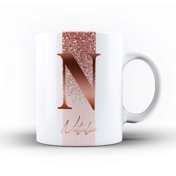 Personalised Marble/Pattern Mug. 7. Rose Gold Initial and Name on Sparkle Stripe