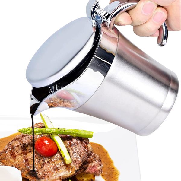 Stainless Steel Double Insulated Gravy Boat Sauce Jar with Hinged Lid, Perfect for Serving Jars of Gravy or Cream for Thanksgiving, Halloween, Christmas (450ML）