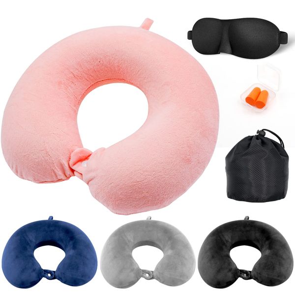 Jmbabe Travel Pillow - Memory Foam Neck Pillow Support Pillow,Luxury Compact & Lightweight Quick Pack for Camping,Washable Neck Support Pillow, Ear Plugs, Eye Mask & Carry Bag