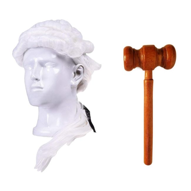 MEISH 2 Pieces Judge Costume Accessories Judge Court Lawyer Wig Mini Wooden Judge Gavel Props Party Costume Accessories for Cosplay Role-playing