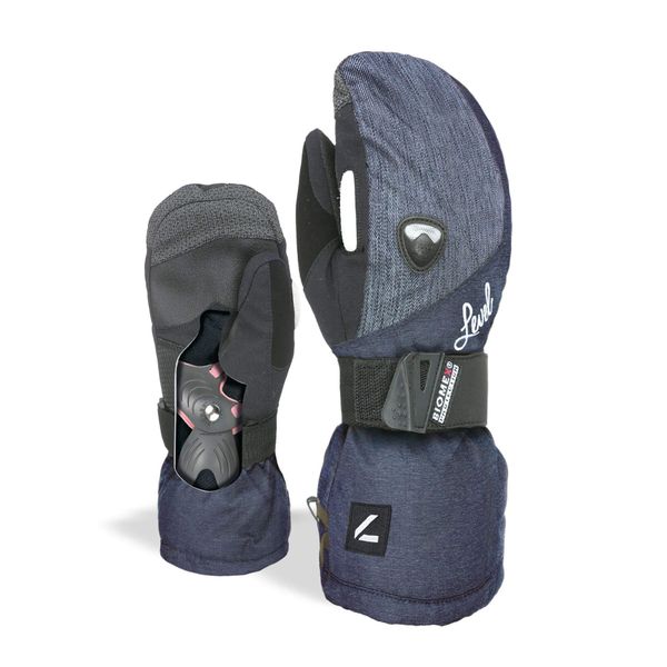 Level Butterfly Women's Snowboard Mittens with Wrist Guards, Proven BioMex Design, Kevlar Palms, Removable Liner (Blue-Grey, Medium (8.0in))