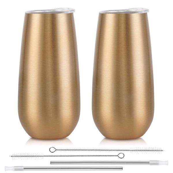 Lifecapido 2 Pack Stemless Champagne Tumblers, 6 Oz Champagne Insulated Tumblers, Double Insulated Champagne Flute Tumbler, Unbreakable Champagne Glasses for Friends Birthday Christmas Wedding (Gold)