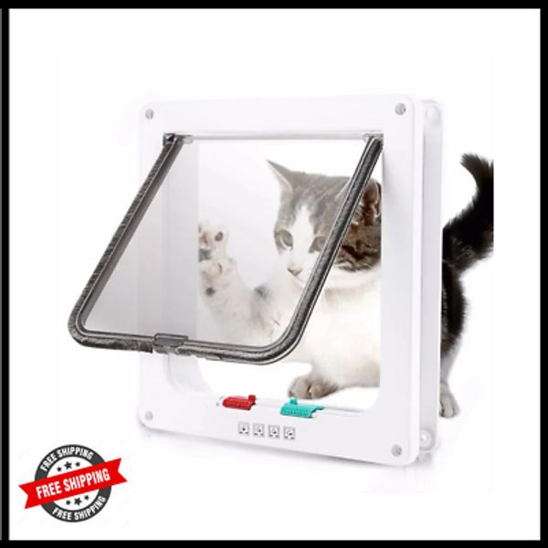 Dog Cat Flap Door with 4 Way Lock Small Pet Gate Kitten Plastic for Cat and Dog