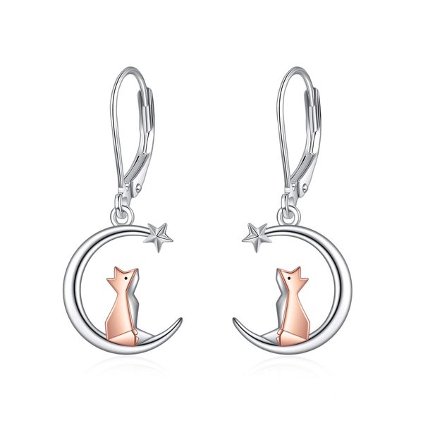 Fox Drop Earrings 925 Sterling Silver Moon Fox Leverback Dangle Earrings Origami Jewellery for Women Girls