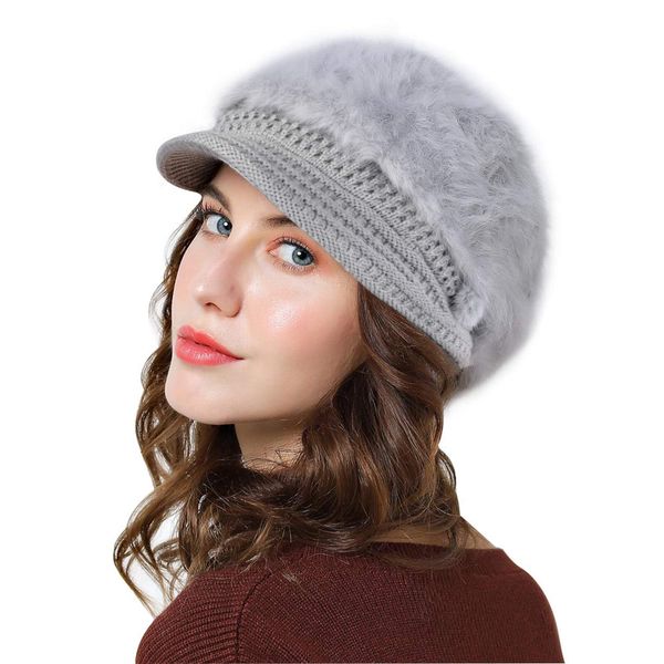 Genfien Brim Cap Newsboy Cap for Ladies Thick Fleece Lined Winter Knitted Beret Hat Vintage Crochet Peaked Chic Hat Lightweight Winter Grey