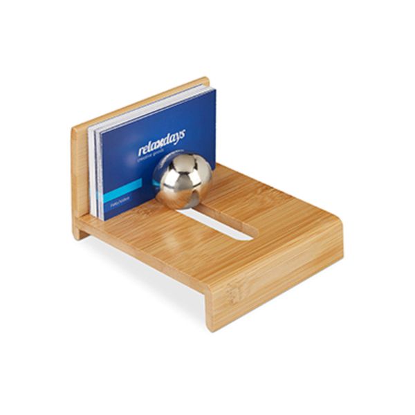 Relaxdays Business Holder with Ball Weight, 1 Compartment, Office Supply, Bamboo Calling Card Stand, Desk, Natural, Iron, 7 x 10 x 12 cm