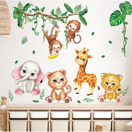 DECOWALL DS12-8073 Baby Animals Wall Sticker Decor Zoo Safari Monkey Lion Zebra Elephant Giraffe Kindergarten Nursery Kids Room DIY Wall Decal Sticker Wall Art Stickers Boys Girls Children Bathroom