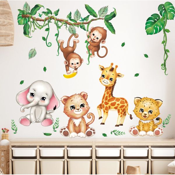 DECOWALL DS12-8073 Baby Animals Wall Sticker Decor Zoo Safari Monkey Lion Zebra Elephant Giraffe Kindergarten Nursery Kids Room DIY Wall Decal Sticker Wall Art Stickers Boys Girls Children Bathroom