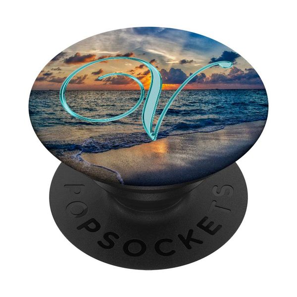 V Teal Beach Ocean Waves Sand Sunset Monogram Initial Letter PopSockets Swappable PopGrip