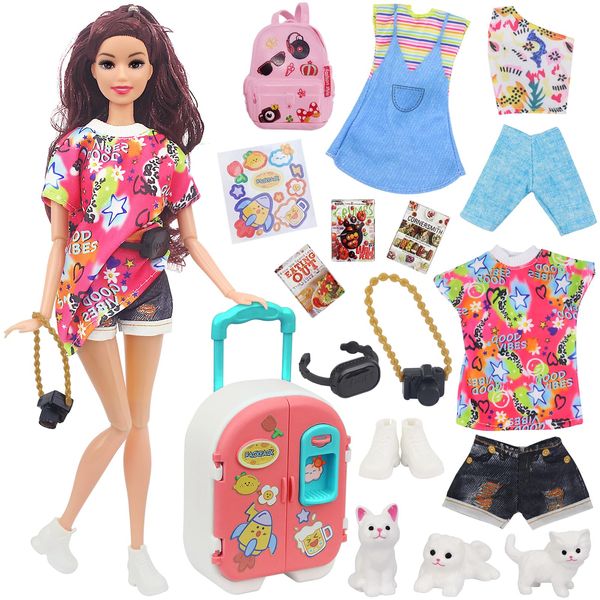 UNICORN ELEMENT 16 Pcs Doll Clothes and Accessories for 11.5 Inch Girl Dolls, Fashion Travel Suitcase Set Including Blue Jean Skirts, Bags, Food Magazines etc (Style B)