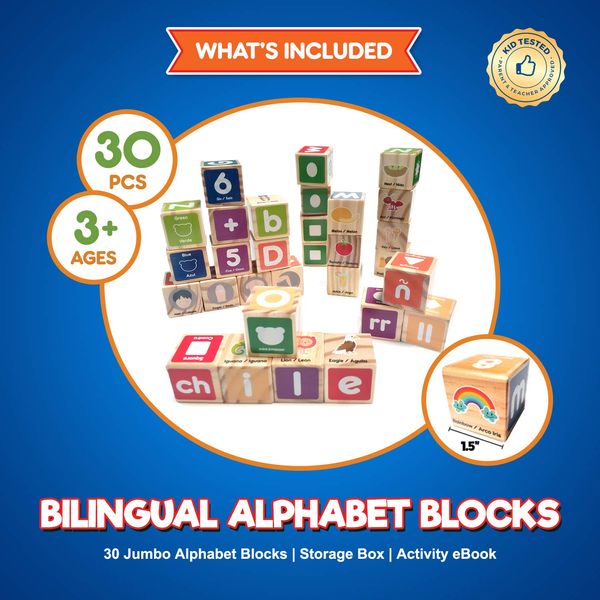 KIDS KORNER Alphabet Blocks Toys for Toddlers - Bilingual Educational Toys, Spanish Learning Toys, Stacking Toys with 30 Wooden Blocks and Toddler Learning Activities eBook