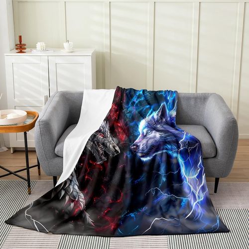 Dragon Wolf All Season Bed Blanket Fire Lightning Plush Throw Blanket,Cool Wild Animal Home Decorative Flannel Blanket Black Blue Red Blanket for Sofa Couch 60"x80"