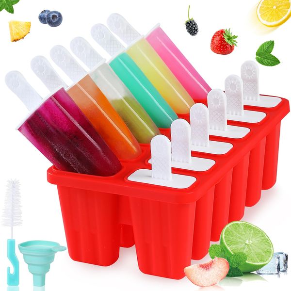 Popsicle Molds,Silicone Ice Pop Molds,BPA Free Popsicle Mold Reusable Easy Release Ice Pop Maker,Homemade Popsicle Mould with Silicone Funnel and Cleaning Brush (Red, 12 Cavities)