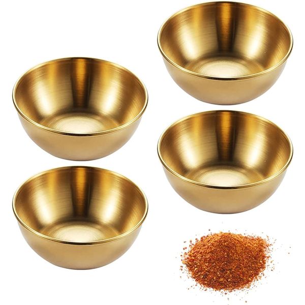 Offfay Dipping Bowls, Stainless Steel Dipping Sauce Dishes, Small Round Seasoning Dish, Sushi Dipping Bowls, Appetizer Serving Plates for Kitchen Home Restaurant (Gold)