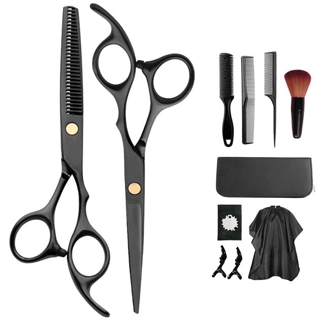 12 Pcs 5.5 Inch Hair Cutting Scissors Set, Professional Hairdressing Shears Kit with Stainless Steel Thinning/Texturing Scissors, Barber Cape, Comb and Clips, Haircut Scissor Kit for Men, Women, Kids