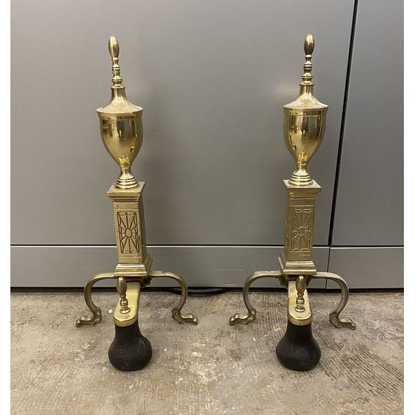 Vintage Brass & Cast Iron Fireplace Andirons Set of 2 Firedogs Log Holders MCM