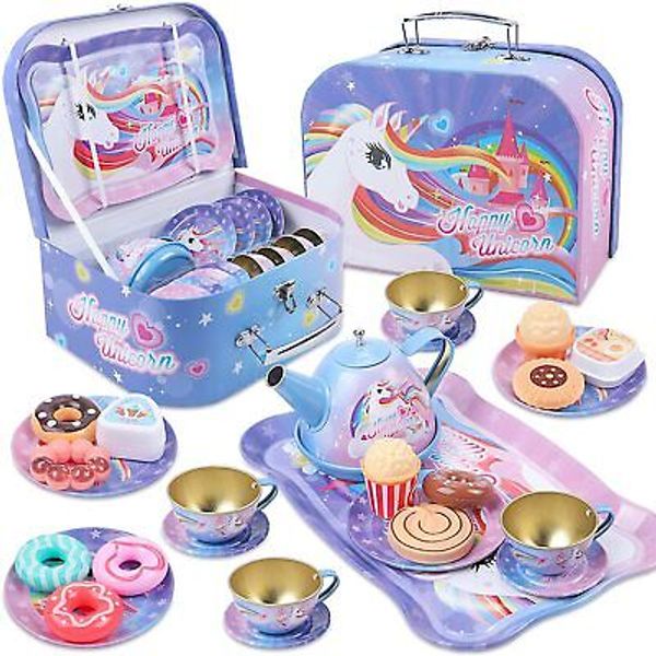 27 Pcs Kids Tea Party Set for Girls Unicorn Gifts Pretend Play Toys, Tin Tea Set