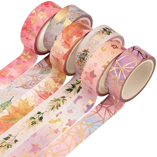 Veraing 6 Rollen Washi Tape, Masking Tape Dekoratives Klebeband Goldene Foliendruck DIY Papier Tape für DIY Bastler, Verschönert Journals, Planer, Karten und Scrapbooking