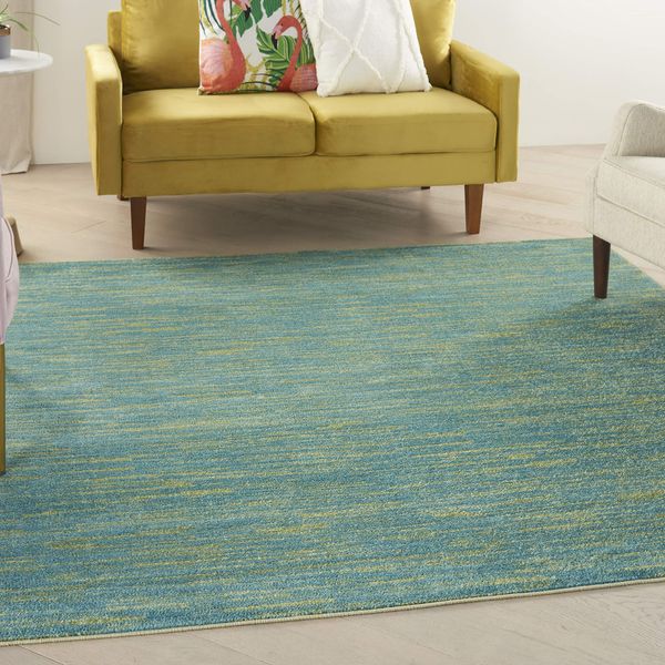 Nourison Essentials Indoor/Outdoor Blue Green 7' x Square Area Rug, Easy Cleaning, Non Shedding, Bed Room, Living Room, Dining Room, Backyard, Deck, Patio (7 Square)