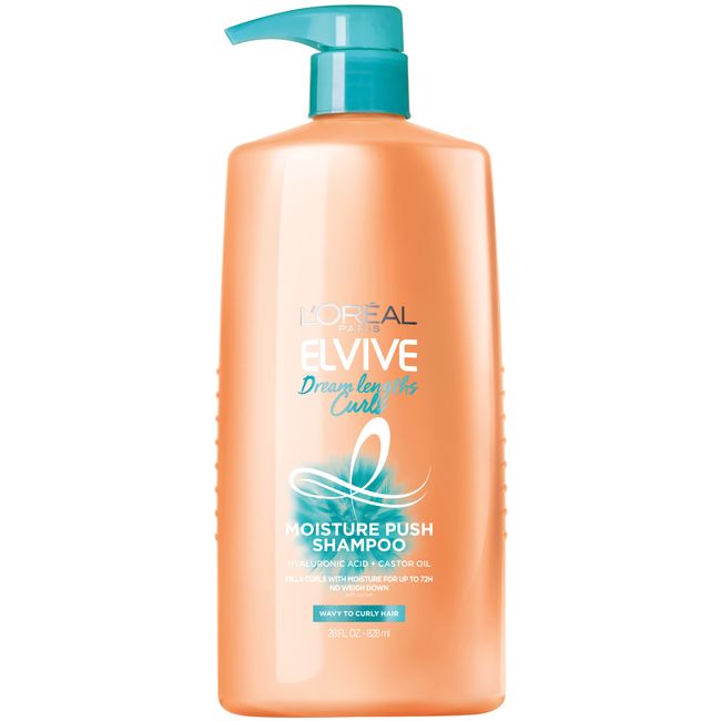 L’Oréal Paris Elvive Dream Lengths Curls Moisture Push Shampoo, Paraben-Free with Hyaluronic Acid and Castor Oil. Best for wavy hair to curly hair, 28 fl oz