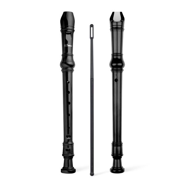 SWAN Soprano Recorder Instrument for Beginners Kids Student - German Fingering 8 Hole Flute Descant Recorders with Cleaning Rod Fingering Chart, Black