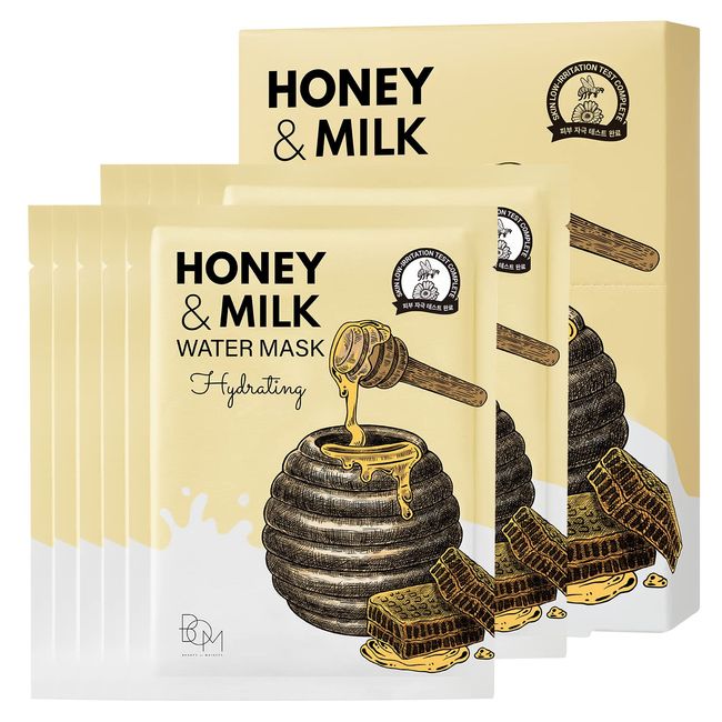 bom Honey Milk Water Face Mask 10 Pack Deep Hydrating Nourishing Facial Sheet Masks with Honey and Milk Complex, Aquaxyl