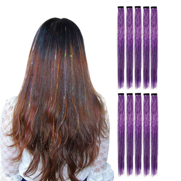 LiaSun 10Pcs/set Highlight Glitter Tinsel Hair Extensions Clip In - Colored Party Sparkling & Shiny Hair Extensions - Multi-Colors Hair Streak Bling Hairpieces (Purple)