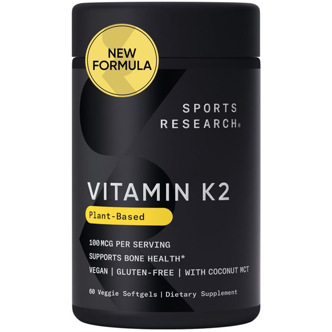 Sports Research Vitamin K2 as MK-7 100mcg with Coconut MCT Oil - 60 Veggie Softgels (2 Month Supply) Vegan Certified, Non-GMO Verified, Gluten & Soy Free