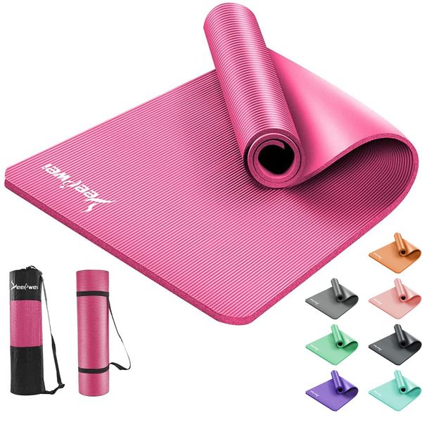 Yoga Mat, Training Mat, Exercise Mat, Foldable, LEEPWEI Yoga Pilates Mat, Thickness 10mm, Lightweight, Durable, Gentle on the Skin, High Density, Nitrile Rubber, Anti-Slip, Soundproof Mat, Strength Training, Straps, Storage Mat Bag (Pink)