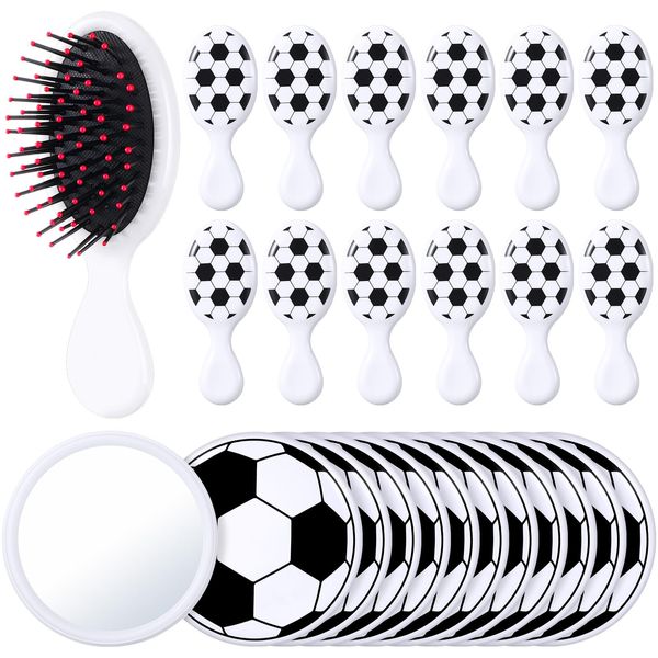 SiliFine 24 Pcs Soccer Gifts for Team Bulk Include 12 Pcs Soccer Hair Brush Air Cushion Hair Brush and 12 Pcs 2.7 Inch Soccer Compact Mirror Round Makeup Mirror for Team Girl Player