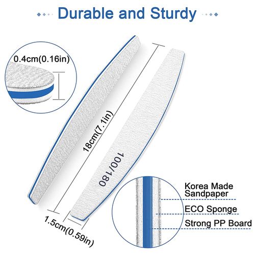 Nail Files, 50Pcs Nail Files Professional 100/180 Grit, Nail File for Acrylic Nail Files, Nails File Set Washable and Reusable, Double-Sided Emery Board for Poly Nail Extension Gel