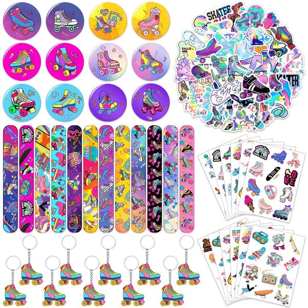 Roller Skate Party Favors 98PCS Slap Bracelets, Stickers, Key Chains, Pin Badges and Temporary Tattoos for Kids Boys Girls Throwback 80s 90s Roller Skating Hip Hop Birthday Party Supplies Decorations