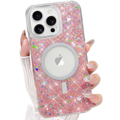 AuroiCCY for iPhone 16 Pro Max Magnetic Bling Case, [Compatible with MagSafe] Sparkly Glitter Bling Phone Cover Girly Woman Shockproof Crystal Clear High-Duty Protection for iPhone 16 Pro Max (Pink)