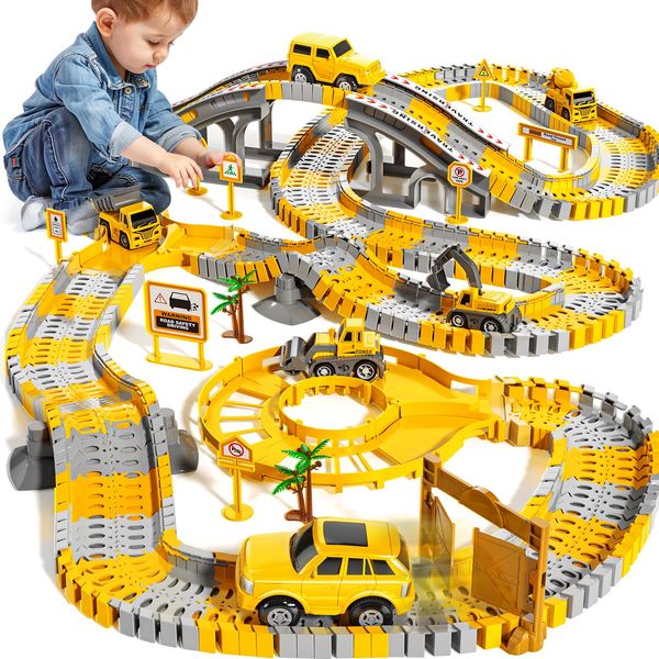 MSKOLER 200 Pieces Construction Toy Car Race Tracks Sets for Kids 3 4 5 6 7 8 Years Old - Flexible Tracks Playset, Engineering Tracks, Electric Toy Car for Boys, Birthday Gifts for Toys Toddlers 3-5