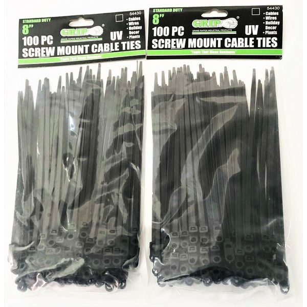 200 GRIP TOOLS 8" SCREW HOLE MOUNT UV BLACK NYLON WIRE CABLE ZIP TIES #54430