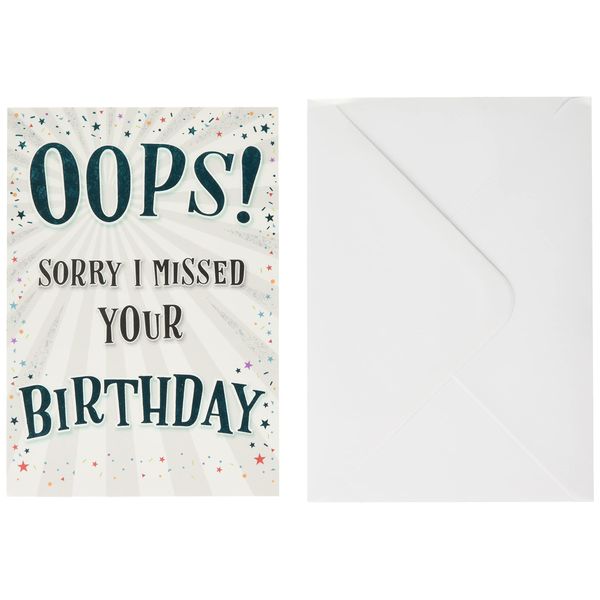 Piccadilly Greetings Modern Belated Opps Sorry Missed Your Birthday Card - 7 x 5 inches, white|black|gold|grey