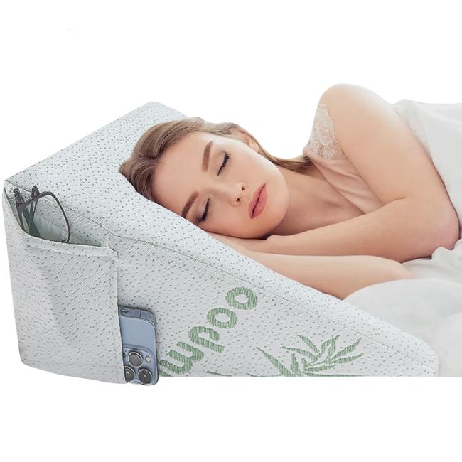 𝗣𝗿𝗲𝗺𝗶𝘂𝗺 Bamboo Bed Wedge Pillow - Deeper Sleep - Antibacterial, Breathable Contouring Support Stay Cool Memory Foam Cushion with Side Pockets