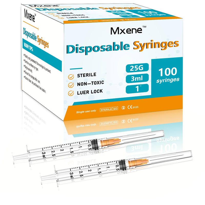 100 Pack, 3ml Syringes with Needle, 25Ga 1.0 Inch, Disposable Lab ...