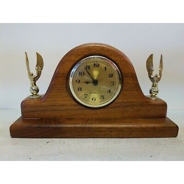 Vintage Wooden Quartz Humpback Mantel Clock with Perched Eagles on Both Sides