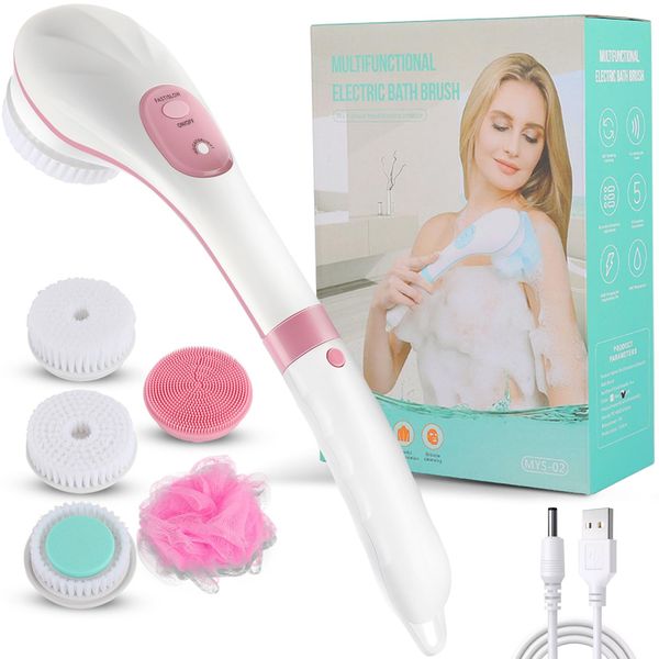 LONENESSL Body Brush Rechargeable, Electric Body Brush Set,Body Scrubber, Scrubber Shower Brush with Long Handle, Spin Skin Brush with 5 Brush Heads for Cleanse, Massage, Exfoliate