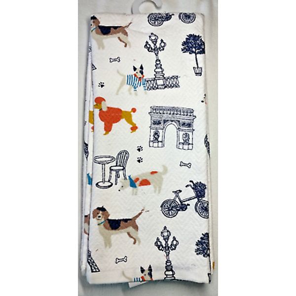 LAUREL HOME KITCHEN TOWELS (2) PARIS FRANCE BOSTON POODLE CAFE 100% COTTON NWT