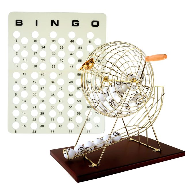 GSE Large Bingo Game Set with Bingo Cage and 1.5“ Ping Pong Size Bingo Balls, Plastic Master Board. Large Brass Wheel for Large Groups, Parties (Wooden Base Cage Set)